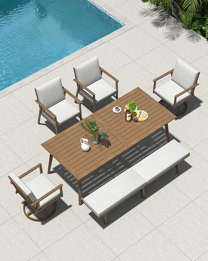 76'' Outdoor Patio Bench, 3-Seat Never-Rust Aluminum Backless Outdoor Bench with Thick Cushion, Weatherproof Outdoor Dining Benches, Outside Porch Benches for Balcony, Deck, Garden, Lawn, Teak