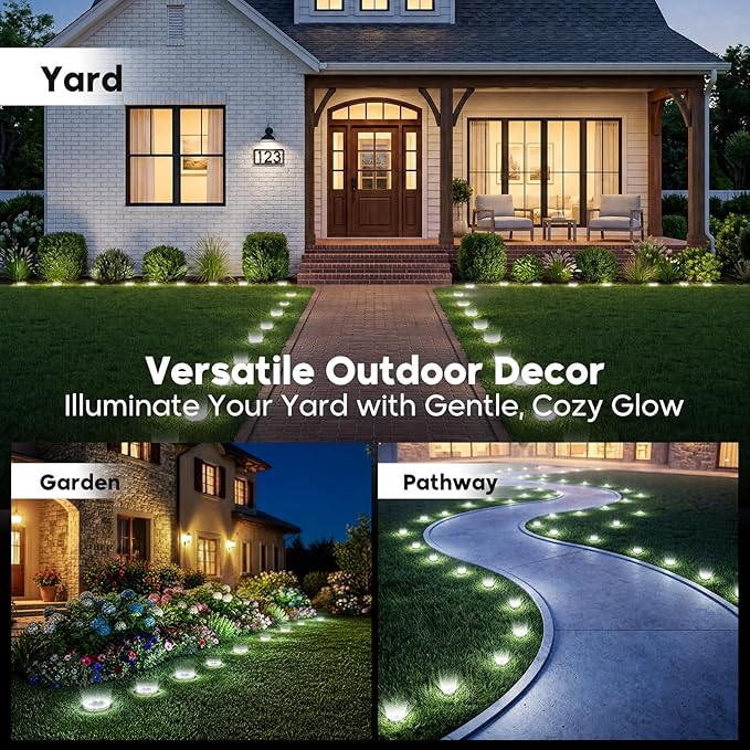 6 Pack Solar Lights Outdoor Waterproof, 8 LED Solar Ground Lights | Flat Solar Disc Light Landscape Lighting for Pathway Garden Yard Walkway Driveway Lawn, Cool White