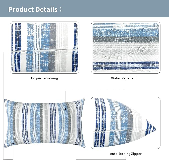 Outdoor Lumbar Pillow Covers 12”x20”, Rectangle Throw Pillow Covers for Patio Furniture, Decorative Lumbar Cushion Case for Garden Balcony Couch Office Chair, Pack of 2, Stripe Layered Blue