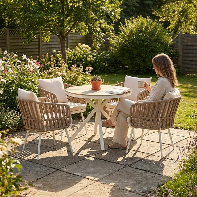 SUNSITT 5 Piece Outdoor Dining Set, Metal Patio Furniture Dining Set with Acacia Wood Top Dining Table and 4 Woven Rope Patio Chairs w/Cushions for Yard, Garden, White