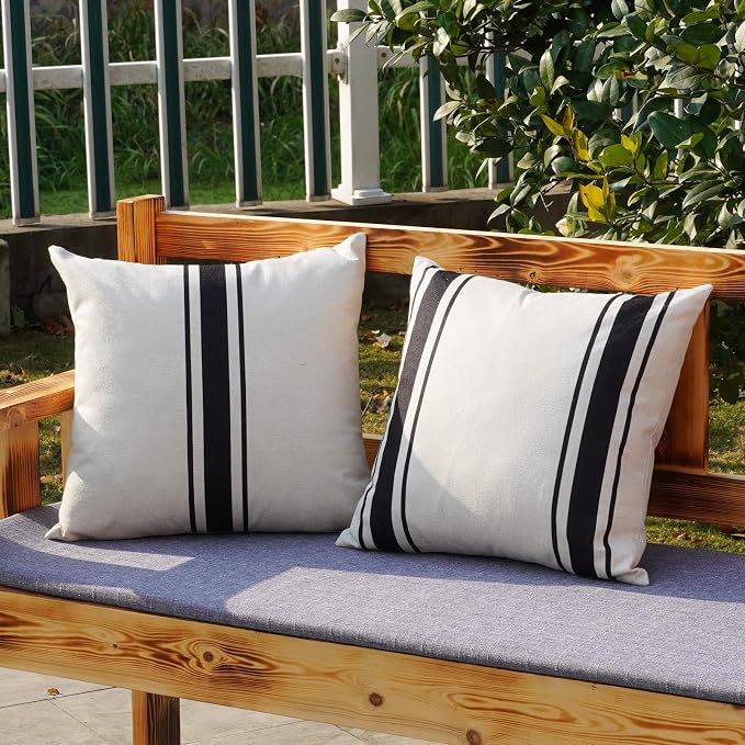 ONWAY Outdoor Pillow Covers Waterproof 16x16 Set of 2 Decorative Linen Throw Pillow Cover Beige and Black Striped Outdoor Pillows for Patio Furniture
