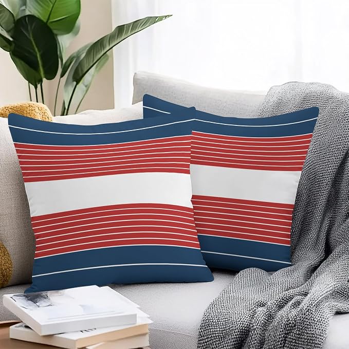 Navy Blue Red Stripe Outdoor Pillow Covers Waterproof, All Weather Cushion Case Set of 2, Modern Art Horizontal Striped Decorative Pillowcases for Sofa Couch Bed Decor Patio Furniture 18"x18"