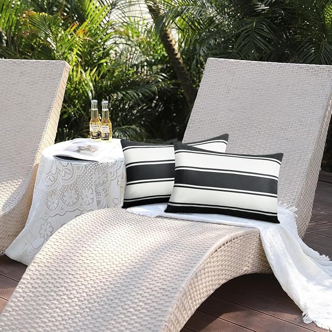 Adabana Outdoor Waterproof Pillow for Chaise Lounge Chair 2 Pack Black and White Stripe Headrest Pillow Lumbar Adjustable Strap for Beach Poolside Patio Office Patio Garden