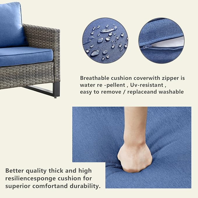 Luxury Wicker Outdoor Couch Patio Sofa - 3 Seater Rattan Outdoor Patio Couch Water Resistant,Comfortable Cushions and Sturdy Metal Frame for Outside Porch Deck Backyard Garden(Mixed Grey/Blue)