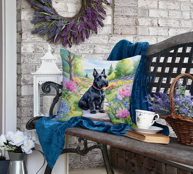 Caroline's Treasures Scottish Terrier Spring Path Throw Pillow Machine Washable, Indoor Outdoor Decorative Pillow for Couch, Bed or Patio, 18Hx18W