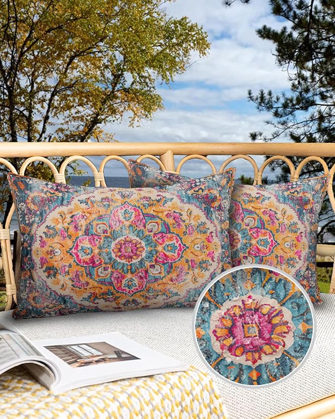 Prime Leader Outdoor Waterproof Pillow Covers Set of 2, Geometric Abstract Carpet Flowers Pattern Pink Patio Throw Pillow Covers, Decorative Cushion Case for Couch Sofa Furniture Garden, 20x12 Inch