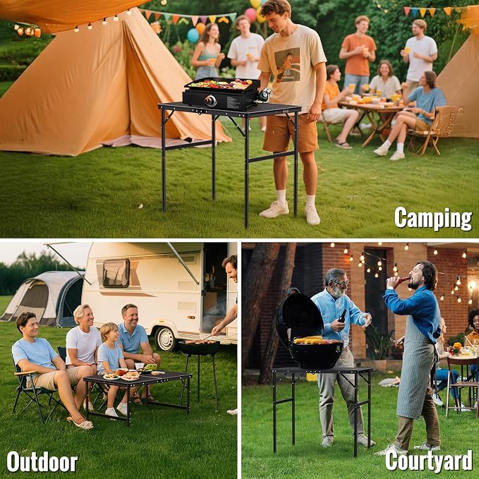 GARLLEN Folding Grill Table, 2-Height Adjustable Folding Camping Table with Heat-Resistant Wider Tabletop, Portable Aluminum Outdoor Tables for BBQ, Camping, Picnic, 35" L x 21.65" W, Black