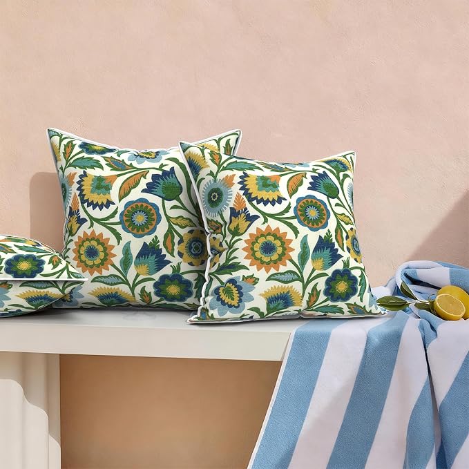 Outdoor Throw Pillows Inners, Fade Resistant Patio Furniture Square Pillows with Piping Set of 2 for Patio Furniture, 18x18 Inch, Fiesta Floral