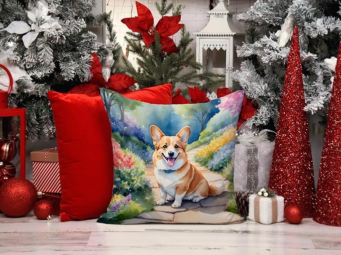 Caroline's Treasures Corgi Spring Path Throw Pillow Machine Washable, Indoor Outdoor Decorative Pillow for Couch, Bed or Patio, 14Hx14W