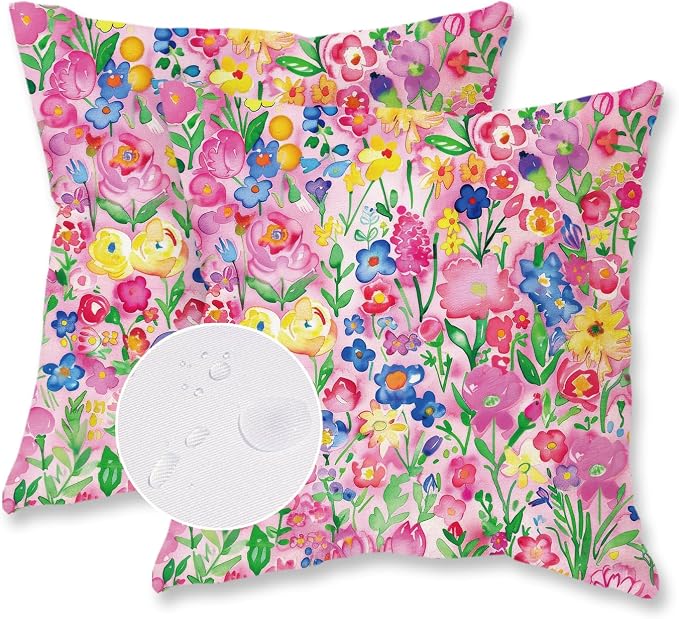 TAJWE Outdoor Pillow Covers 18x18 Inch Set of 2 Colorful Floral Waterproof Throw Pillowcases Modern Farmhouse Wild Flower Decorative Square Cushion Cases for Patio Furniture Garden Bench Porch Decor