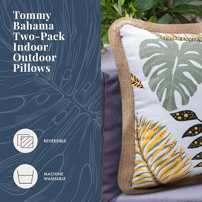 Tommy Bahama 18" x 18" Indoor/Outdoor Pillows, Pack of 2, Palms Aqua | Water-Resistant, Fade-Resistant Cushions with Inserts, Reversible Covers For Patio, Poolside And Garden Seating