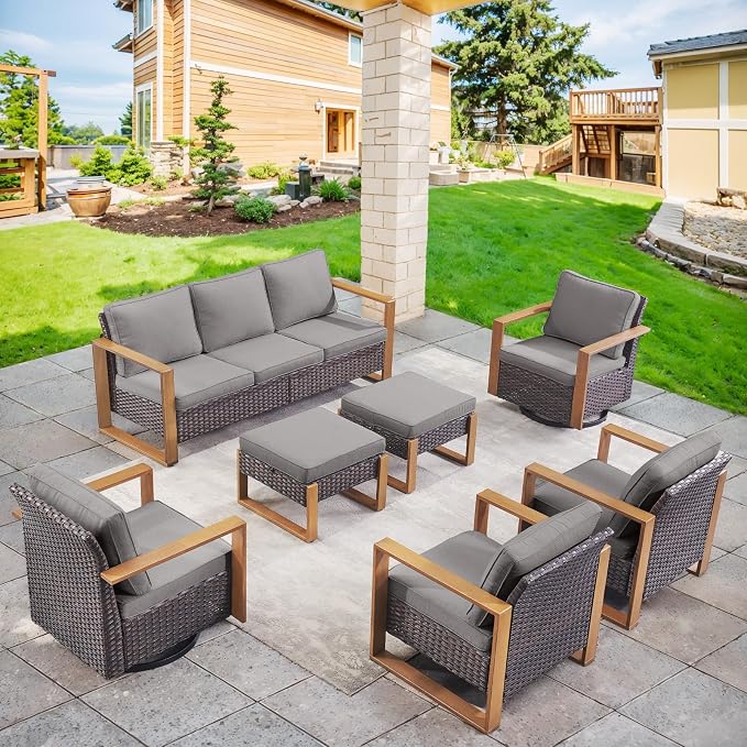 Belord Modern Outdoor Patio Furniture 7 - Person Outdoor Swivel Glider Seating Group, Backyard Wicker Furniture Set with Aluminum Armrests, Brown Wicker Grey Cushion