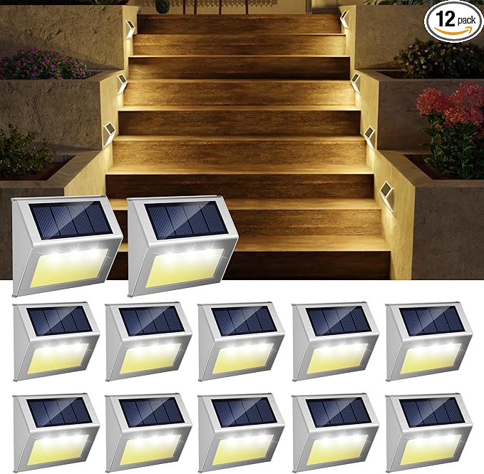 JSOT Solar Lights Perfect for Deck, Fence, Stair, Step Decor-Warm White-12P | Stainless Steel, Waterproof, Solar Powered, Garden, Patio, Deck Rail