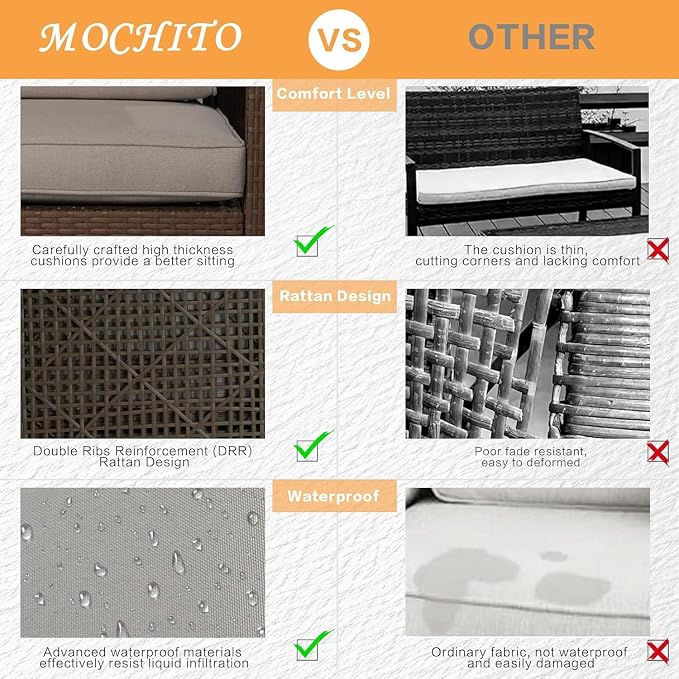 MOCHITO 7 Pieces Outdoor Patio Furniture Sets, All-Weather Sectional Sofa PE Rattan Wicker Conversation Set, Outdoor Patio sectional for Poolside, Porch, Lawn, Garden, Balcony(Beige)