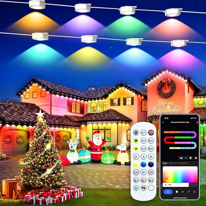 Smart Permanent Outdoor Lights for House, 100ft with 60 RGB Permanent Christmas Lights, P67 Waterproof with DIY Scene for Halloween Christmas Decor, Remote Control, Work with Alexa,Google Assistant