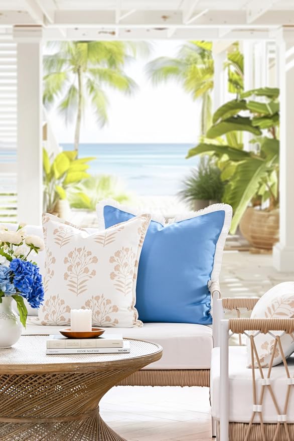 Hofdeco Premium Coastal Hampton Patio Indoor Outdoor Throw Pillow Cover Only, 20"x20" Water Repellent for Backyard, Couch, Poolside, Neutral Tan Print Floral