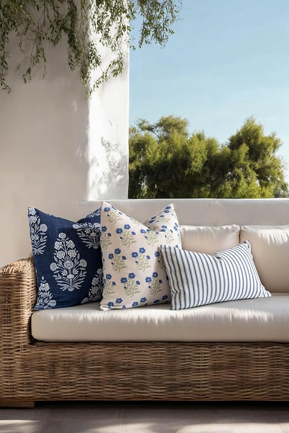 California Casual Coastal Indoor Outdoor Throw Pillow Cover, 20"x20" Water Repellent for Patio, Backyard, Couch, Poolside, Azure Blue Green Print Block Painting Flowers