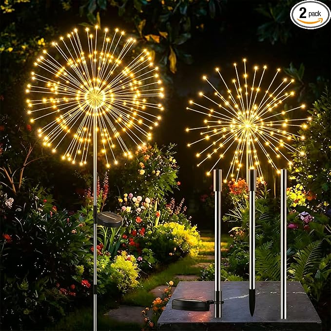 Solar Firework Lights Outdoor, Adjustable 32" to 51" Extra Tall, 200 LED Stainless Steel 3-Section Pole, 8 Modes Waterproof Starburst Garden Lights for Yard Pathway Walkway Decor(Warm White 2 Pack)