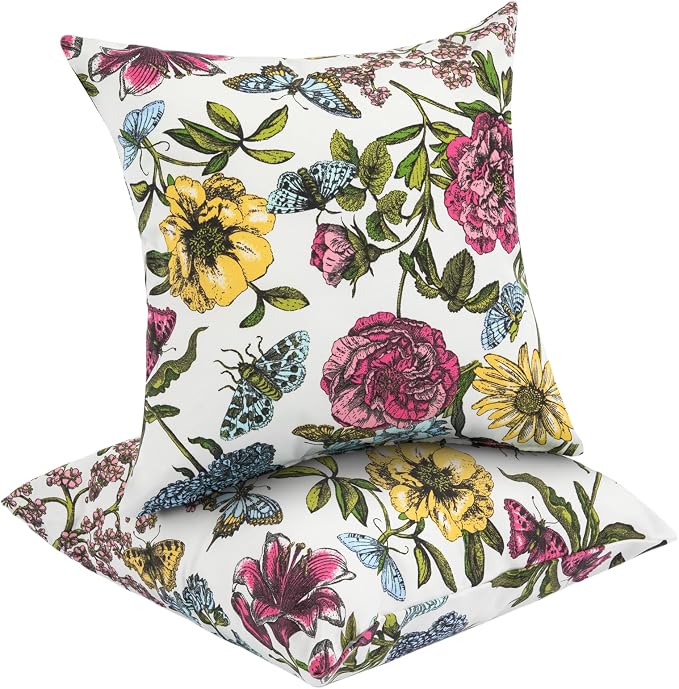 FUNHOME Water Resistant Outdoor Throw Pillows for Patio Furniture,18x18 Inch Decorative Pillows Set of 2 with Insert,Hidden Zipper Headrests for Sofa Couch Chair(Butterfly Flower)