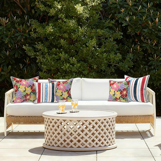 LVTXIII Outdoor Throw Pillows 18x18 Patio Waterproof Square Pillows with Piping Fade Resistant Accent Pillow for Spring Summer Garden Decoration, Set of 2, Flower Bloom