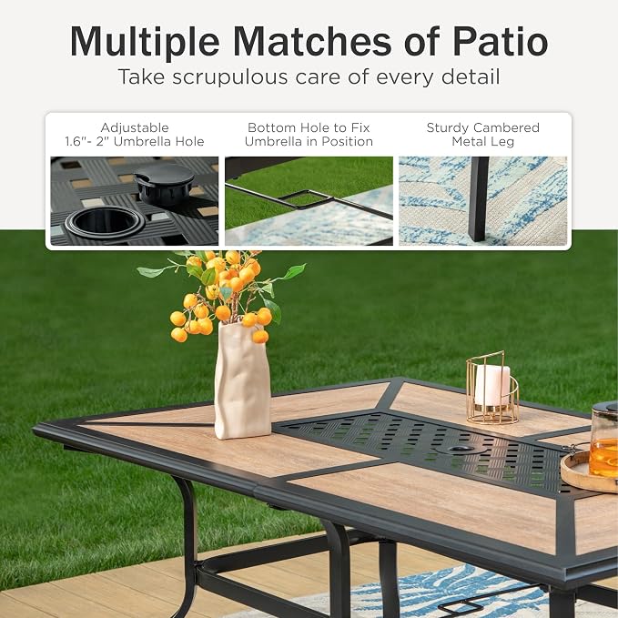 PHI VILLA 8 Pcs Outdoor Dining Set with 13ft Umbrella, Mesh Dining Chairs | 60'' wood-look rectangular table, 2 swivel & 4 fixed patio chairs and 13ft beige umbrella(NO BASE) for deck, garden, backyard