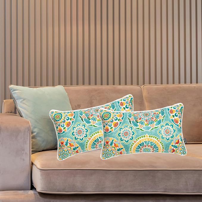 FUNHOME Outdoor Lumbar Pillow with Insert 12x20 Inch Pack of 2-Cyan Circle | Outdoor Pillows for Patio Furniture, Water-Repellent, Decorative Garden Pillows for Home Patio Coach Sofa Use