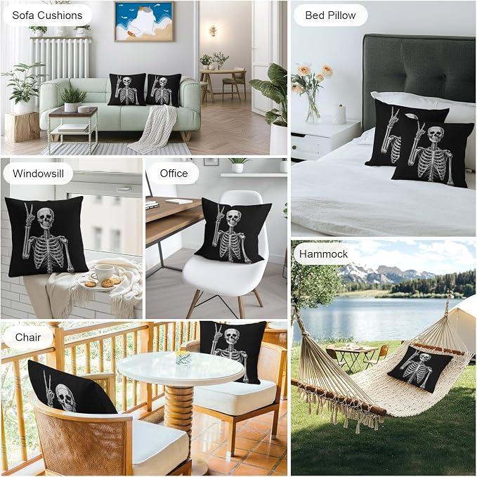 Halloween Skeleton Outdoor Pillow Covers 16x16 Inch Throw Pillow Covers Set of 2 Waterproof Decorative Pillow Cases Retro Funny Skull Abstract Black Cushion Covers for Patio Furniture Garden Couch
