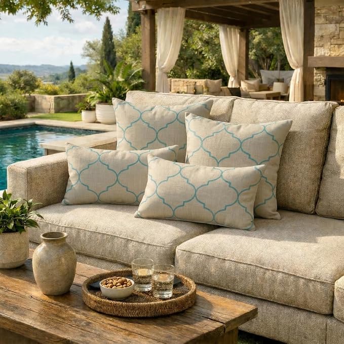 RSH DECOR: Sunbrella Lumbar & Square Pillows Set of 4 | 20" x 12" & 20" x 20" | Water and Fade-Resistant Fabric | Outdoor Throw Pillows for Patio Furniture | Made in USA (Trellis Geo II Mist)