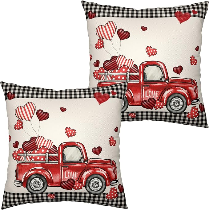 Valentines Throw Pillow Covers 22x22 Valentines Day Red Truck Pillow Covers Pack of 2 Heart Balloon Black Buffalo Plaid Decoarative Pillow Case for Home Outdoor Deocr Couch