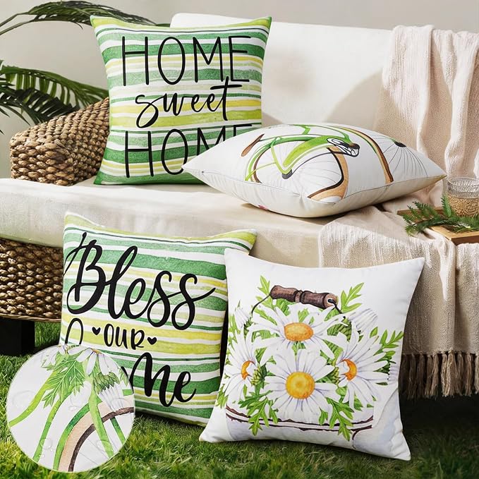 cygnus Spring Summer Waterproof Outdoor Pillow Covers 18x18 Inch Set of 4 Home Sweet Home Bless Home Daisy Striped Outdoor Pillows for Patio Furniture Garden Bench Proch Balcony,Green