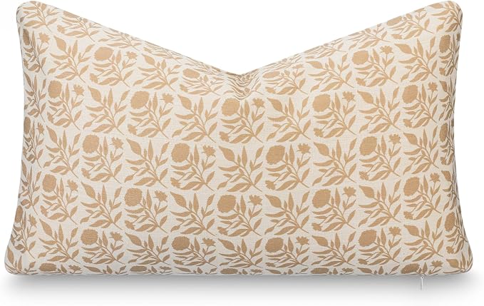California Casual Coastal Indoor Outdoor Lumbar Pillow Cover, 12"x20" Water Repellent for Patio, Backyard, Couch, Poolside, Earth Tone Ivory Cream Tan Print Floral and Leaves Geometric