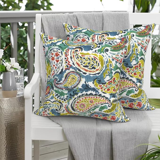 Outdoor 20x20 Inch Pack of 2 Patio Throw Pillow Covers ONLY, Water Repellent Cushion Cases, Square Pillowcases for Outdoor Couch Decoration, Paradise Paisley