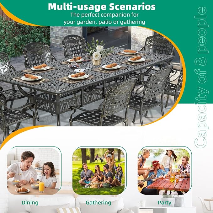 VIVIJASON 94.5" Patio Dining Table for 8-10 People, Large Rectangle Cast Aluminum Dining Table with 2" Umbrella Hole, Weather-Resistant Patio Dining Table for Deck Garden Backyards, Dark Bronze