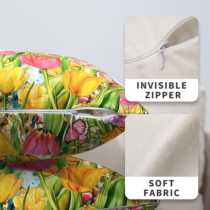 Tulip Pillow Covers 20x20 Set of 2 Spring Throw Pillow Covers Pink Yellow Tulip Floral Outdoor Pillowcase Watercolor Cotton Linen Cushion Case for Sofa Outdoor Patio