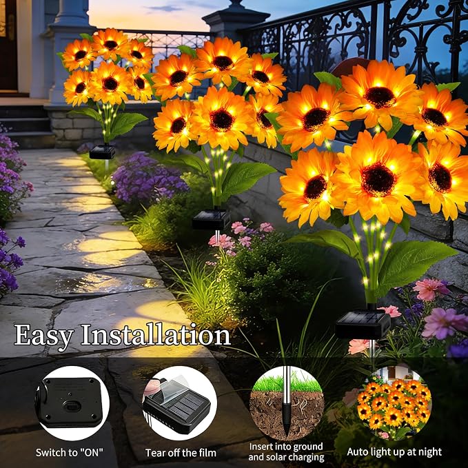 Solar Garden Lights Outdoor, 6 Pack Solar Sunflower Lights with 36 Head 3.5 Inch Flowers, Waterproof Flowers Light Fall Thanksgiving Decorations for Garden Yard Patio Backyard, Gifts for Mom Women