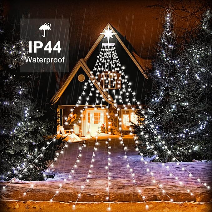 Christmas Decorations, Outdoor Christmas Lights, 320 LED Outdoor Christmas Tree String Lights with 12" Star Toppers [8 Modes& Waterproof] for Xmas New Year Holiday Decor (Dipper White)