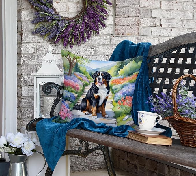 Caroline's Treasures Bernese Mountain Dog Spring Path Throw Pillow Machine Washable, Indoor Outdoor Decorative Pillow for Couch, Bed or Patio, 18Hx18W