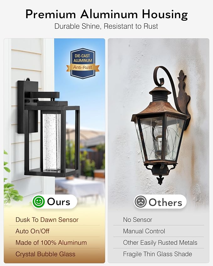 VIANIS Black Porch Lights Outdoor Dusk to Dawn, Modern Exterior Garage Lighting Fixture Wall Mount for House, 100% Aluminum Outdoor Wall Sconce Lantern for Coach with Integrated 10W LED Light Source