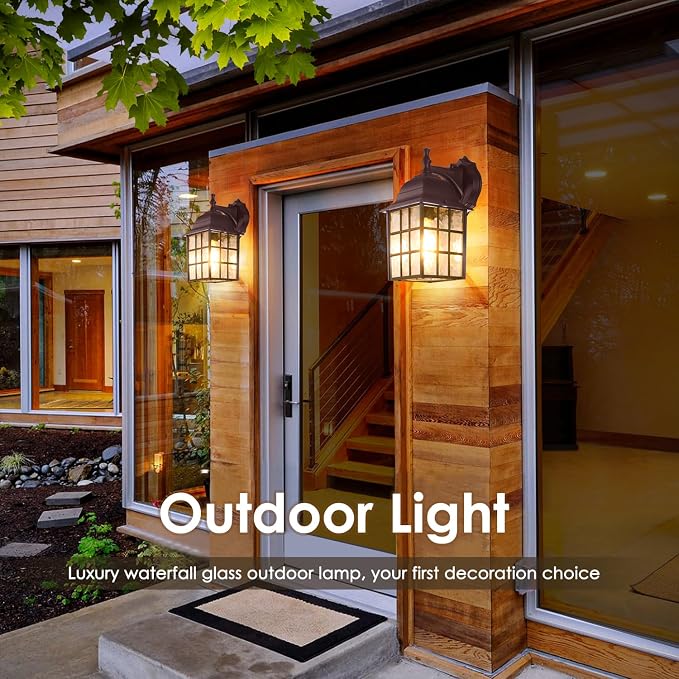 2-Pack Dusk to Dawn Outdoor Wall Light, Waterproof Exterior Wall Lantern Lighting Fixtures with Photocell Sensor, Brown Modern Outside Wall Sconce with E26 Base for House Porch Garage