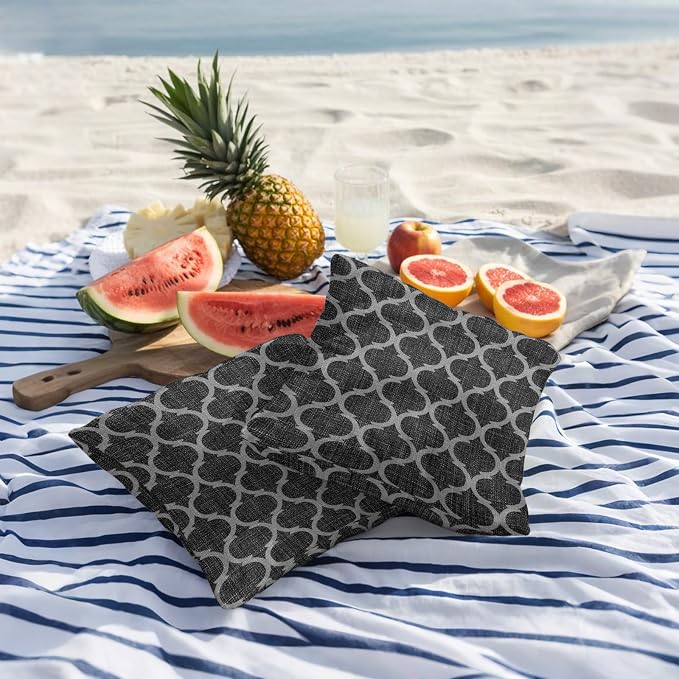 Black Morocco Outdoor Pillow Covers 20x20 Inch Throw Pillow Covers Set of 2 Waterproof Decorative Pillow Cases Boho Vintage Quatrefoil Geometric Plaid Cushion Covers for Patio Furniture Garden Couch
