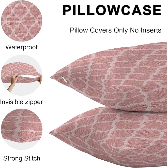 Coral Pink Morocco Outdoor Pillow Covers 24x24 Inch Throw Pillow Covers Set of 2 Waterproof Decorative Pillow Cases Vintage Geometric Plaid Mahbudium Cushion Covers for Patio Furniture Garden Couch
