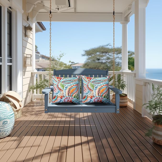 2 Pack Waterproof Outdoor Pillows, 18x18 Outdoor Throw Pillows | Patio Furniture Pillows, Fluffy Decorative Pillows, Waterproof &Fade Resistant, Removable & Washable, Paisley Multi Red