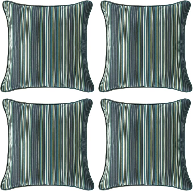Unimatta Sunbrella Decorative Outdoor Water Repellent Throw Pillows with Inserts, Set of 4, 18" x18" Pillows for Patio, Backyard, Bed, Couch, and Patio Furniture, Beach Stripe Lagoon