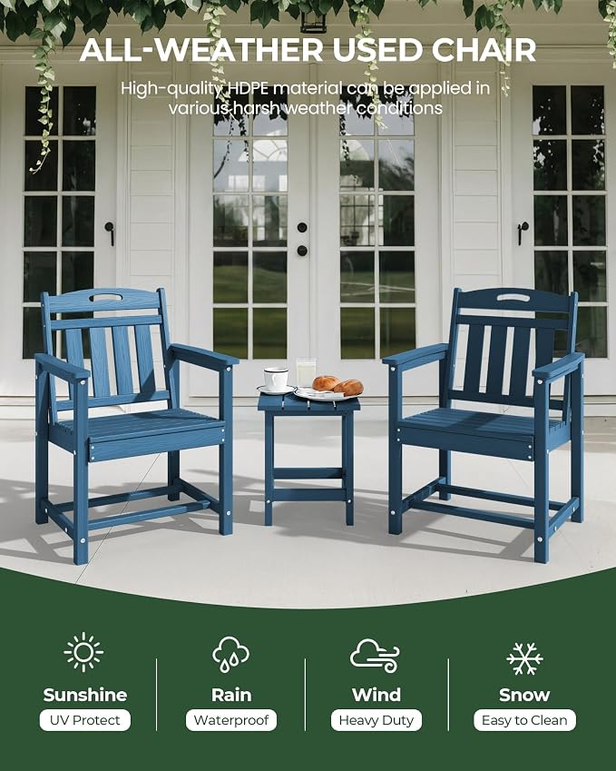 Set of 2 Weatherproof Patio Chairs - HDPE Outdoor Dining Chairs with Wide Seat, Ergonomic Design - for Garden, Backyard, Deck - Navy Blue