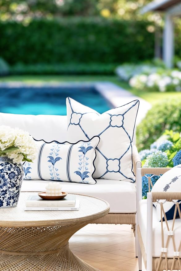 Hofdeco Premium Coastal Hampton Patio Indoor Outdoor Throw Pillow Cover Only, 22"x22" Water Repellent for Backyard, Couch, Poolside, Navy Azure Blue Print Bamboo Trellis
