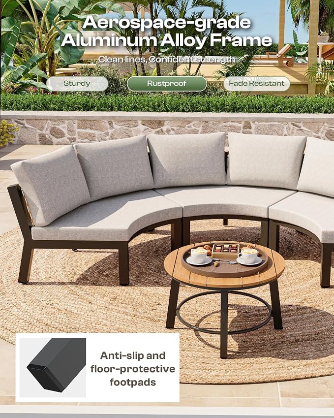 Outdoor Patio Furniture Set, 4 Piece Half Moon Aluminum Patio Conversation Sets Curved Sofa with PE Rope, All-Weather Sectional Furniture Set with Modular Coffee Table & Cushions, Gray