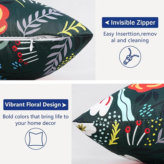 Pyonic Waterproof Outdoor Pillow Covers 18x18 Set of 2, Colorful Floral Decorative Cushion Covers for Patio Furniture, Garden, Balcony,Sunbrella， Boho Nordic Outdoor Indoor Home Decor,Dark Green