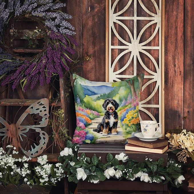 Caroline's Treasures Bernedoodle Spring Path Throw Pillow Machine Washable, Indoor Outdoor Decorative Pillow for Couch, Bed or Patio, 14Hx14W