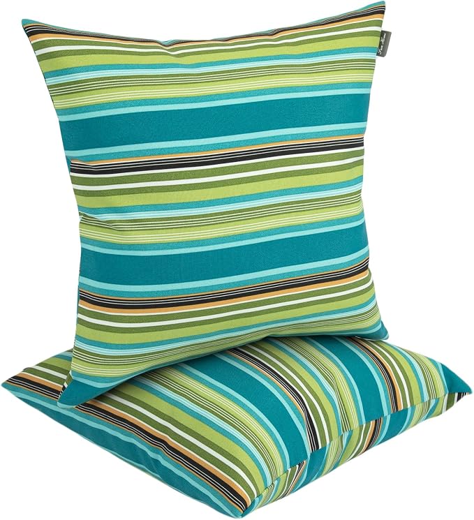 Outdoor Throw Pillows Water Resistant 18x18 inch,Decorative Throw Pillow with Insert Set of 2,Hidden Zipper Headrests for Patio Furniture Sofa Couch Chair(Green Stripe)