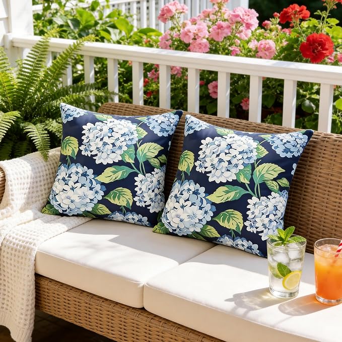 Blue Green Floral Outdoor Pillow Covers 18x18 Inch Set of 2 | Navy Blue Hydrangea Outdoor Pillow Covers, Spring Summer Farmhouse Waterproof Cushion Case for Couch Sofa Garden Patio